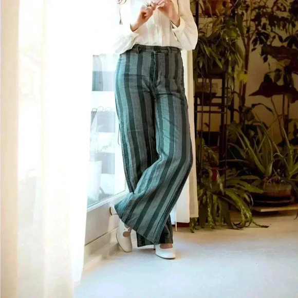 Free People Stripe Denim Flare Jeans with Dramatic Side Slit - Picture 2 of 5